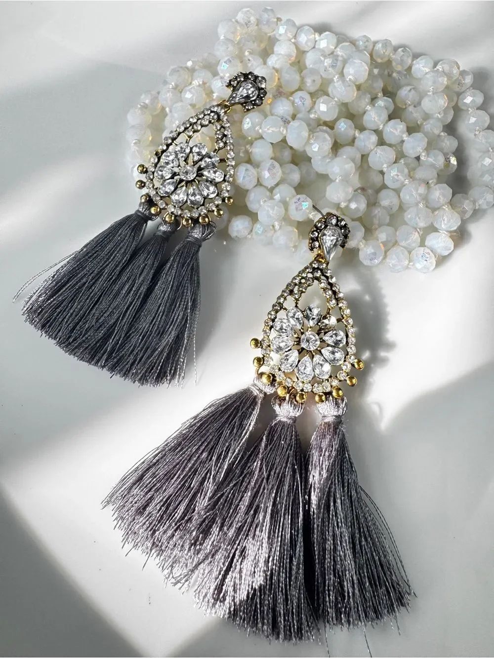 Anthropologie Gray Tassel Pendant Earrings with Crystal Medallion